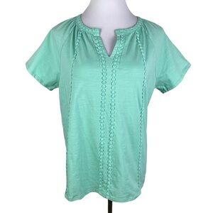 1775 Light Green Split‎ V-Neck Short Sleeve Blouse Women's Medium